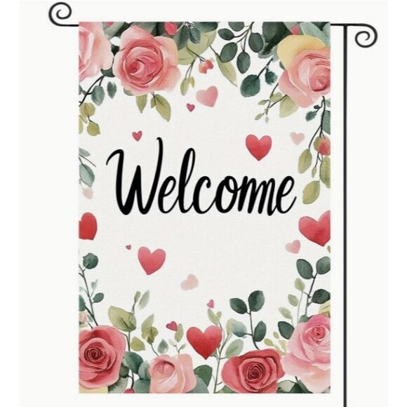 Garden Flag 12x18in Double-sided Burlap Welcome Roses Hearts - Picture 1 of 1